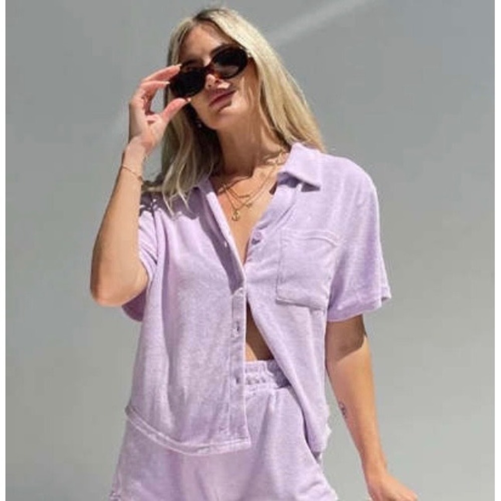 Araminta James Lilac Purple Terry Cloth Button Down Shirt XS Short Sleeve Cotton